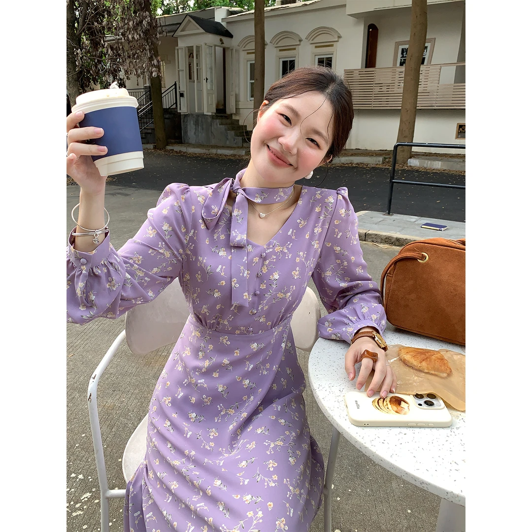 火火火【紫雾花屿】韩系v领泡泡袖长袖连衣裙L36920HH53