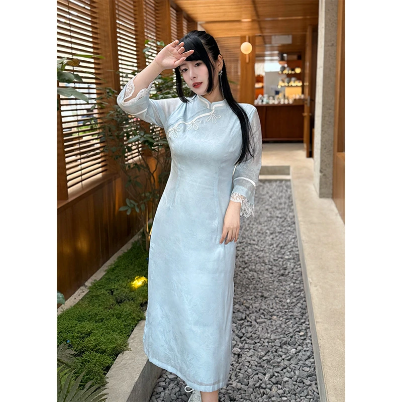 码加加31782复古蓝色清新温柔风新中式改良旗袍新款大码连衣裙