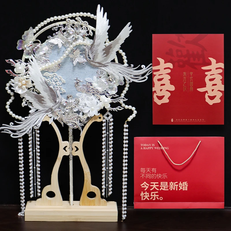 《烟雨》蓝银色秀禾新娘结婚团扇diy材料包重工中式秀禾高级出嫁