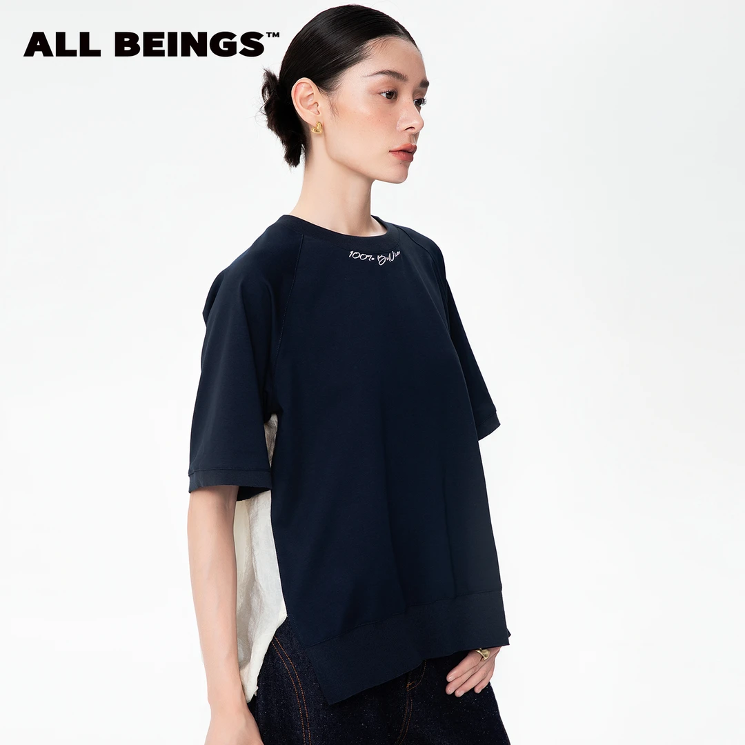 ALL BEINGS25年设计师秋冬新款材质拼接圆领百褶休闲撞色T恤女