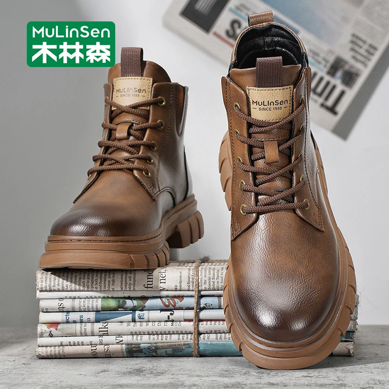 木林森男鞋2025秋季新款复古英伦风休闲百搭厚底耐磨工装马丁靴男