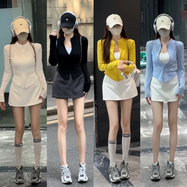 春夏百搭【现货】巨显瘦！！辣妹双拉链立领坑条开衫修身短款掐腰外套