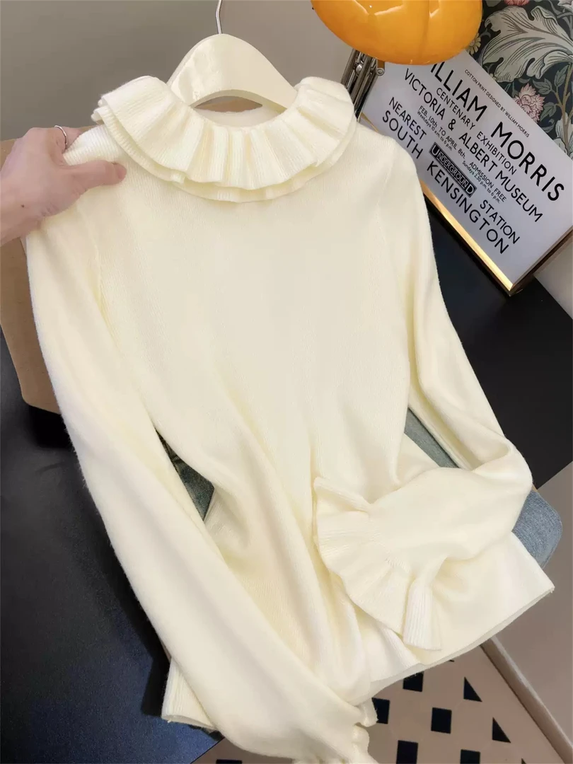 荷叶领修身针织打底衫独特漂亮半高领内搭毛衣
