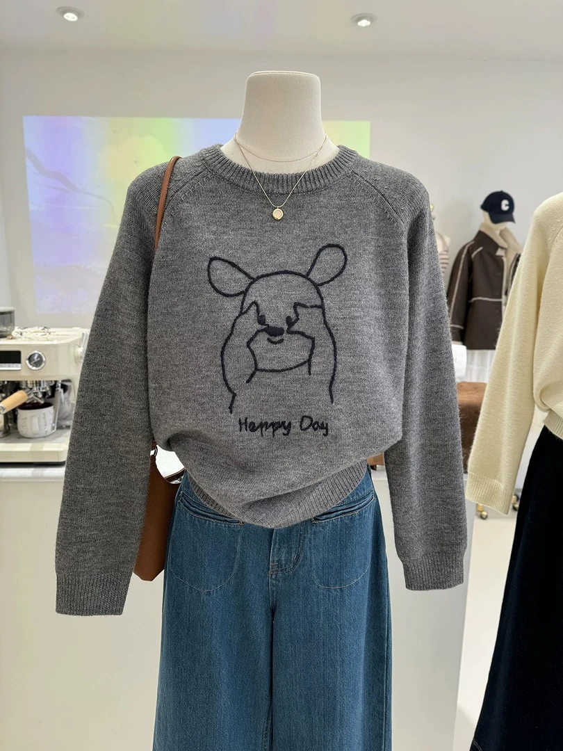 韩系卡通小狗刺绣宽松保暖套头毛衣女圆领针织衫
