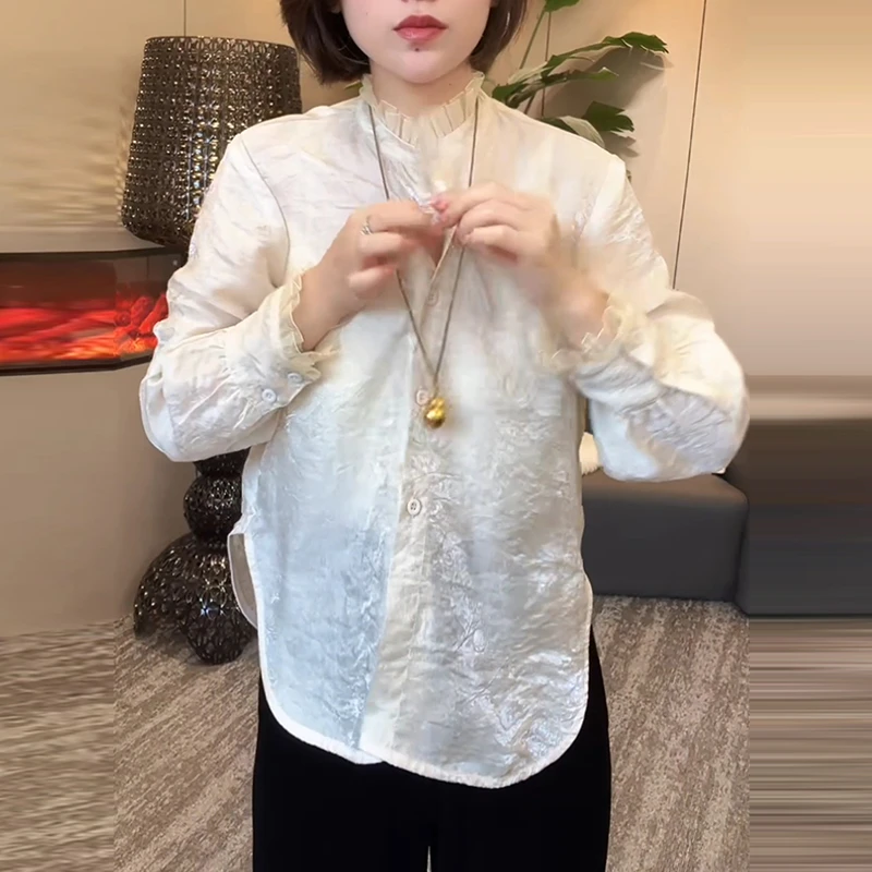 高级感褶皱花边领微喇衬衫女士2025秋季新款休闲简约通勤长袖上衣