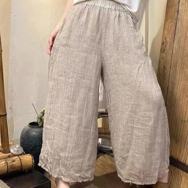 复古双层砂洗炒色亚麻松紧腰休闲裤女新款文艺宽松大码显瘦直筒裤