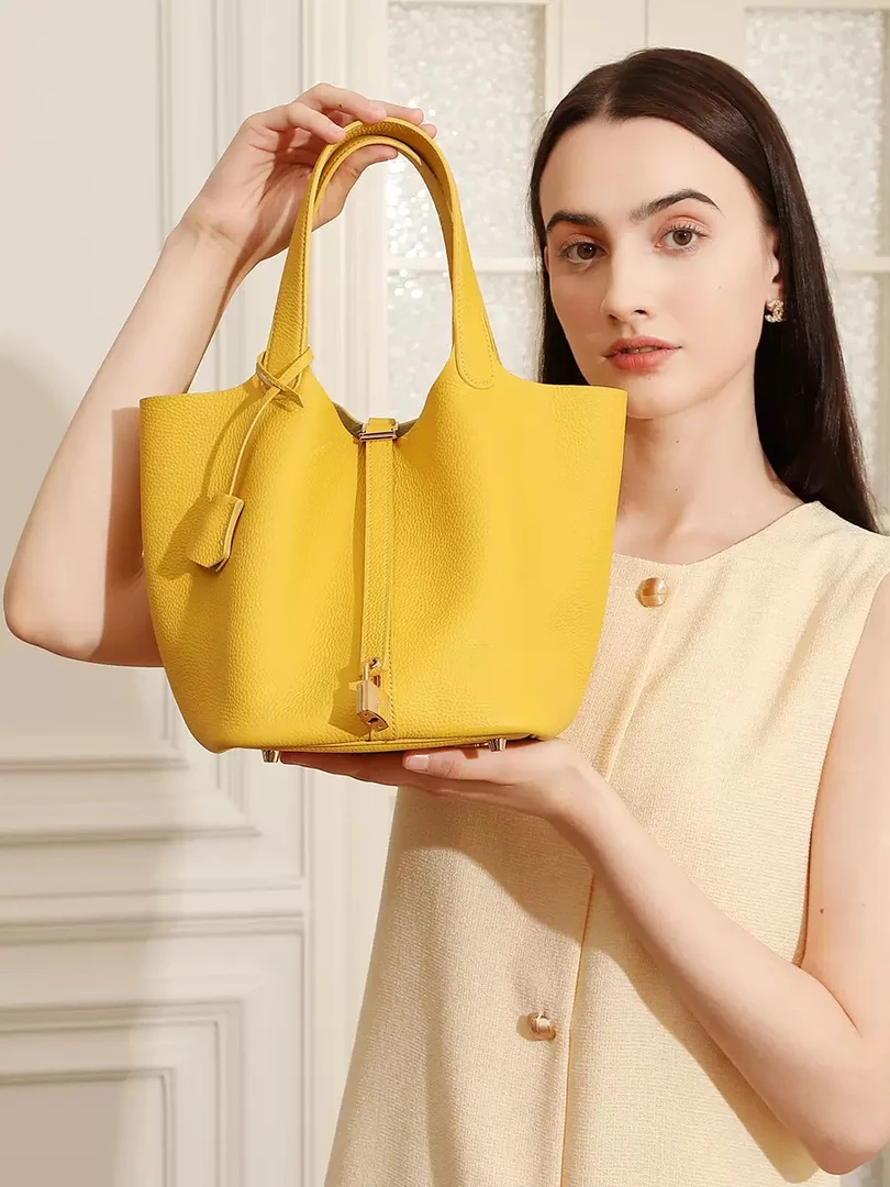 加大号高品质真皮菜篮子TC头层牛皮小众高级感精致手提水桶包女包