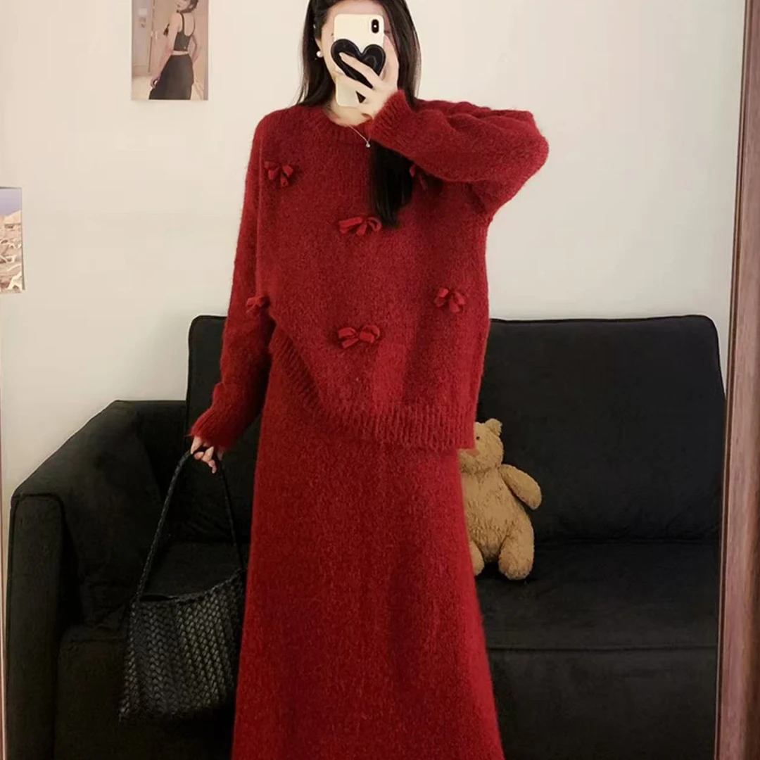 圣诞穿搭气质针织红色毛衣连衣裙子女秋冬季内搭打底长裙一整套装
