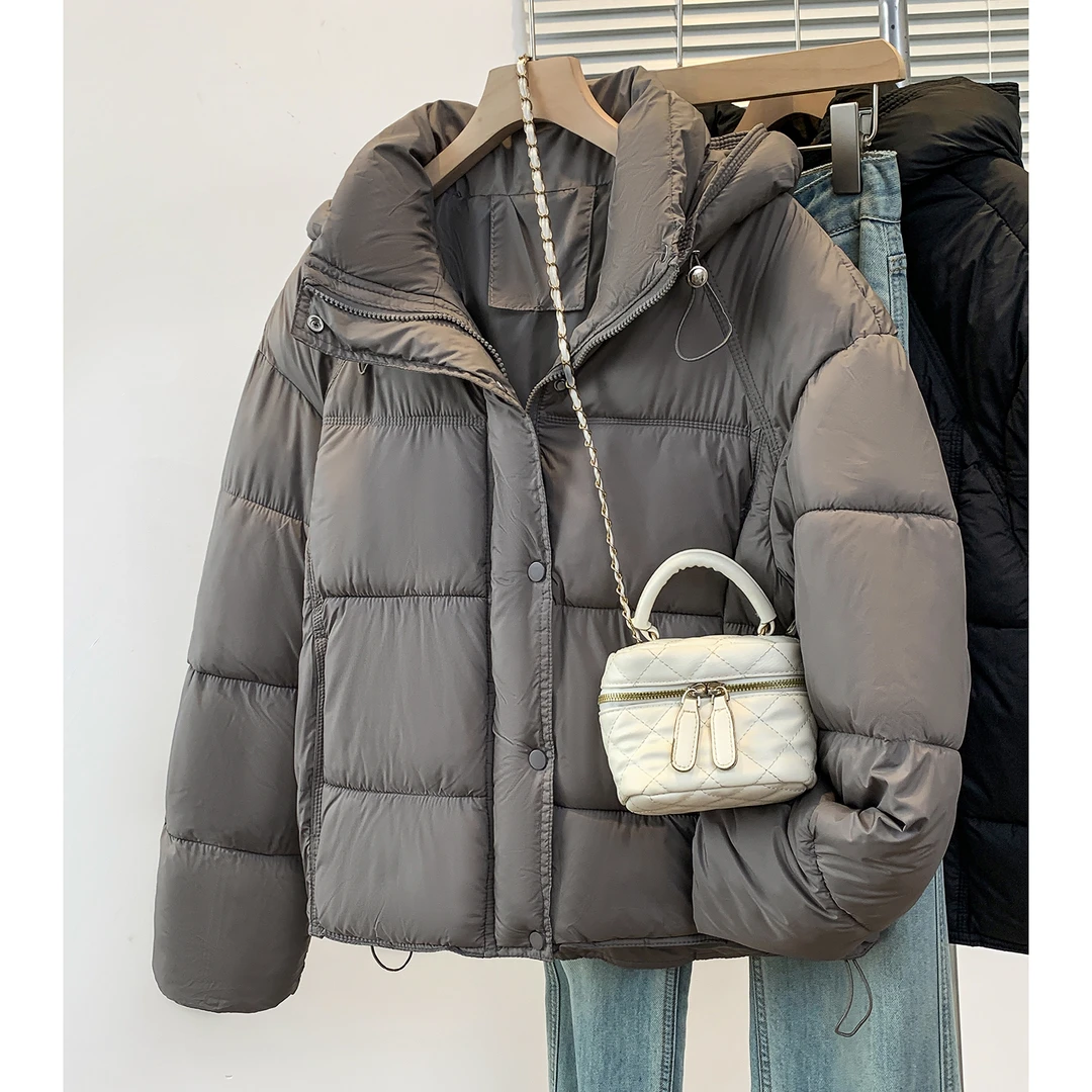 韩版加厚连帽抽绳保暖夹棉棉服宽松休闲时尚灰色长袖拉链棉衣女式