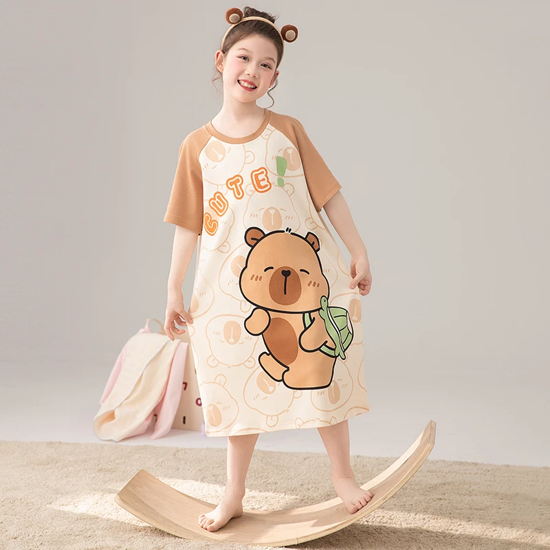 女童睡裙夏季云感纯棉短袖薄款卡通学生甜美中大童母女家居服3220