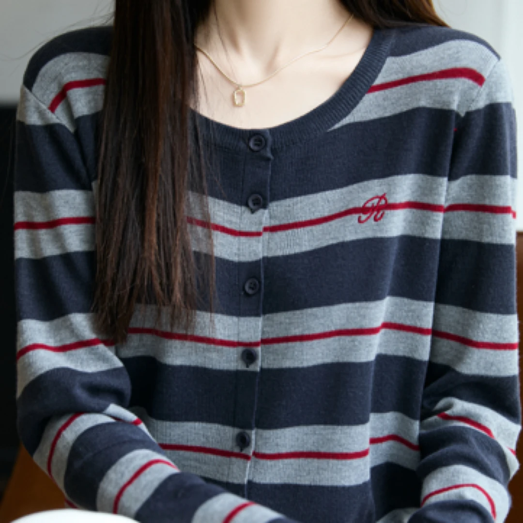 圆领毛针织衫百搭毛衣秋季时尚长袖女薄款条纹针织