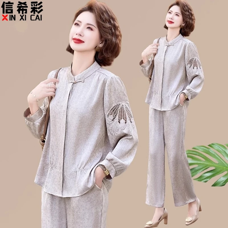 妈妈秋装套装中老年女春夏季上衣贵夫人开春新中式衬衫穿搭一整套