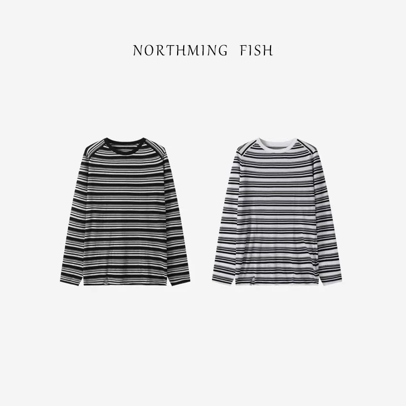 NorthMing fish「古着条纹」简约休闲 时髦腔调条纹宽松长袖T恤