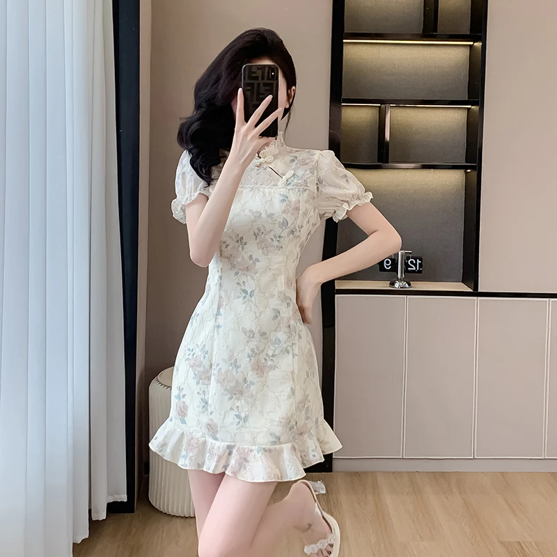 夏季高级感复古显瘦碎花改良旗袍裙小个子新中式国风气质连衣裙女