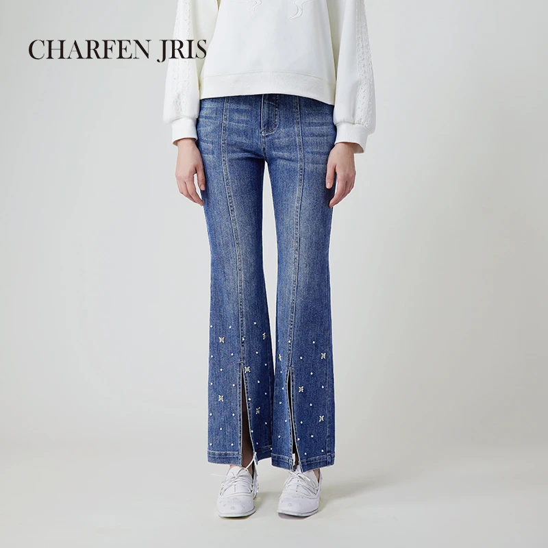 【媛媛专享】朝峰新款高腰复古金属链条微喇牛仔裤FJE3B615-6020P