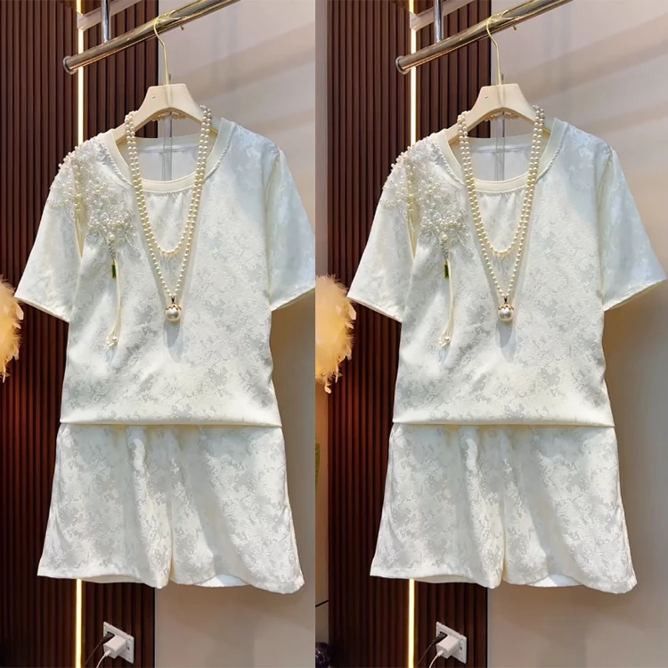 夏季新款大码圆领钉珠短袖上衣万能腰短裤套装国风遮肉舒适女装潮