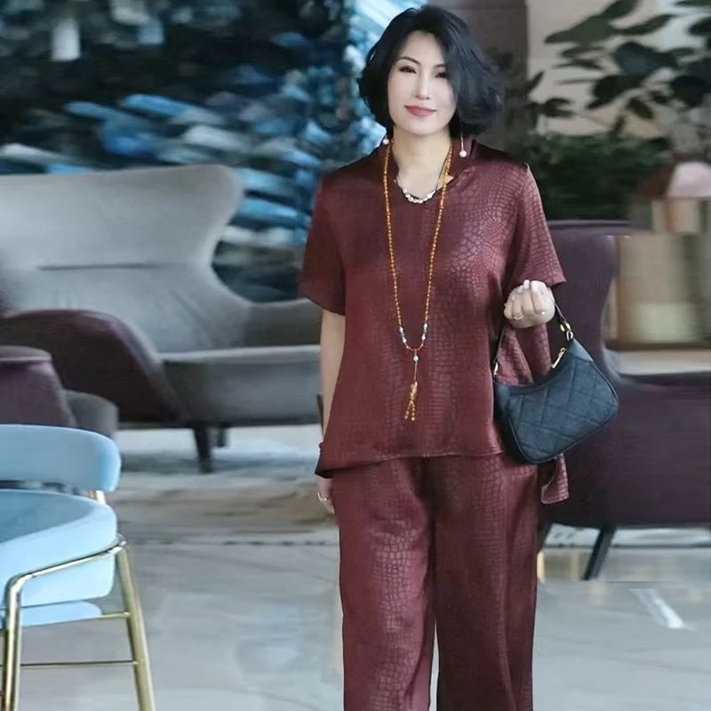 阔太太高端提花加肥大码夏款短袖宽松遮肚子显瘦妈妈两件套装