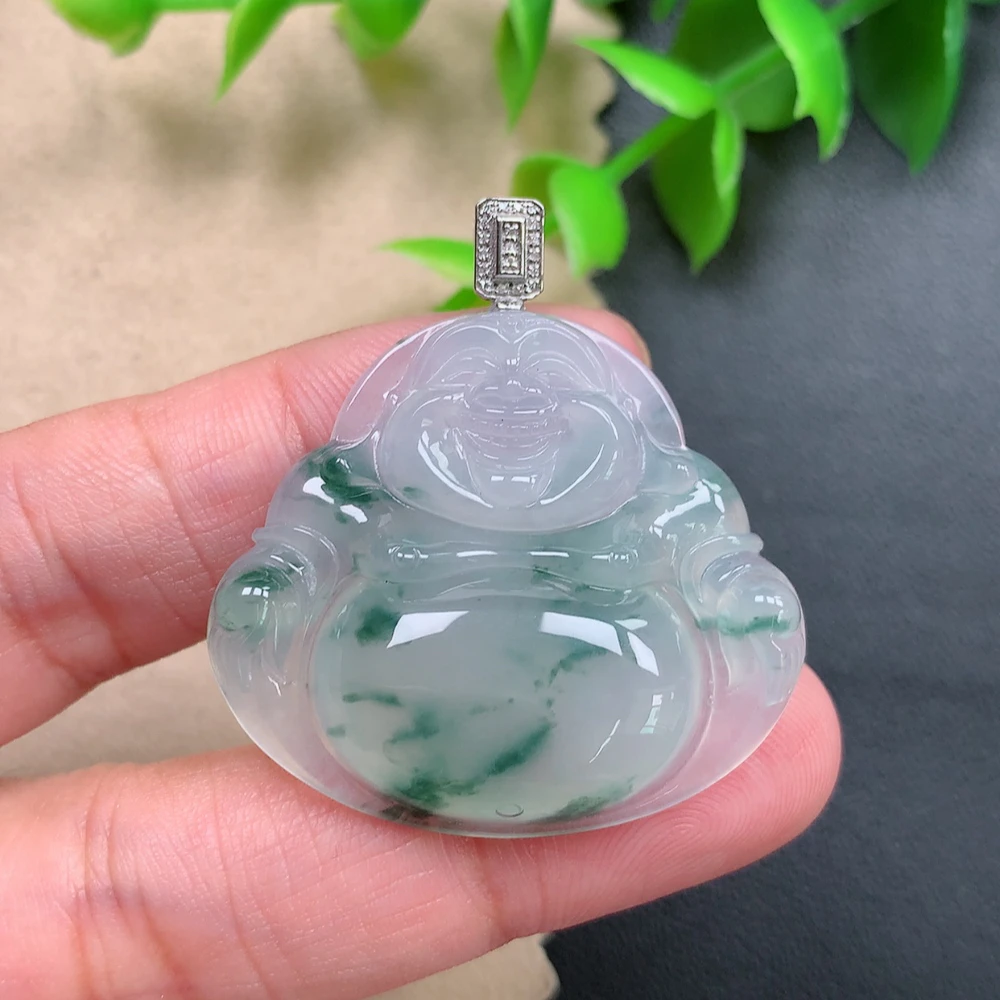 翡翠A货 18k金扣头冰种冰飘花佛公吊坠 尺寸31×34.7×6.0