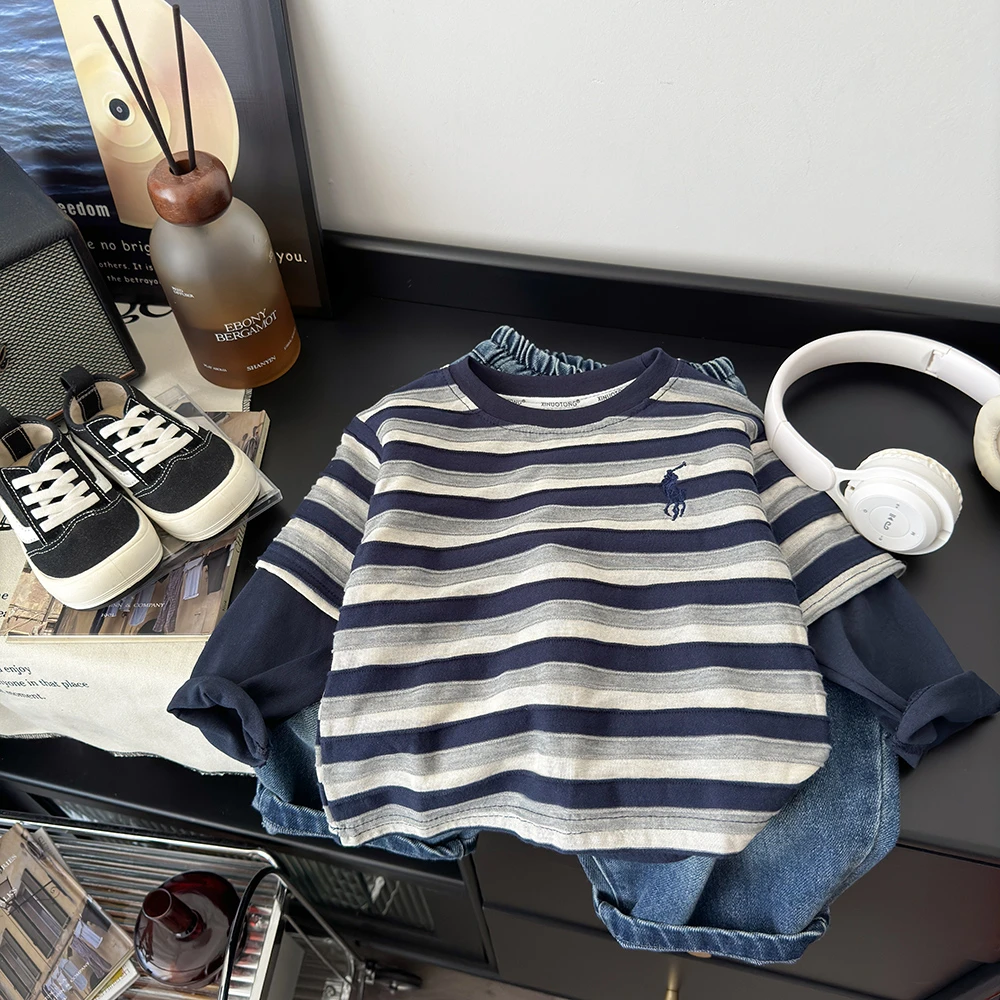 2025秋季新款潮流条纹刺绣男童休闲韩版洋气百搭长袖假两件