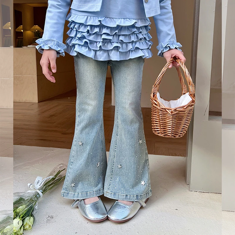 女童时髦亮晶晶牛仔裤春秋款裤子儿童女宝宝喇叭裤春季洋气时尚