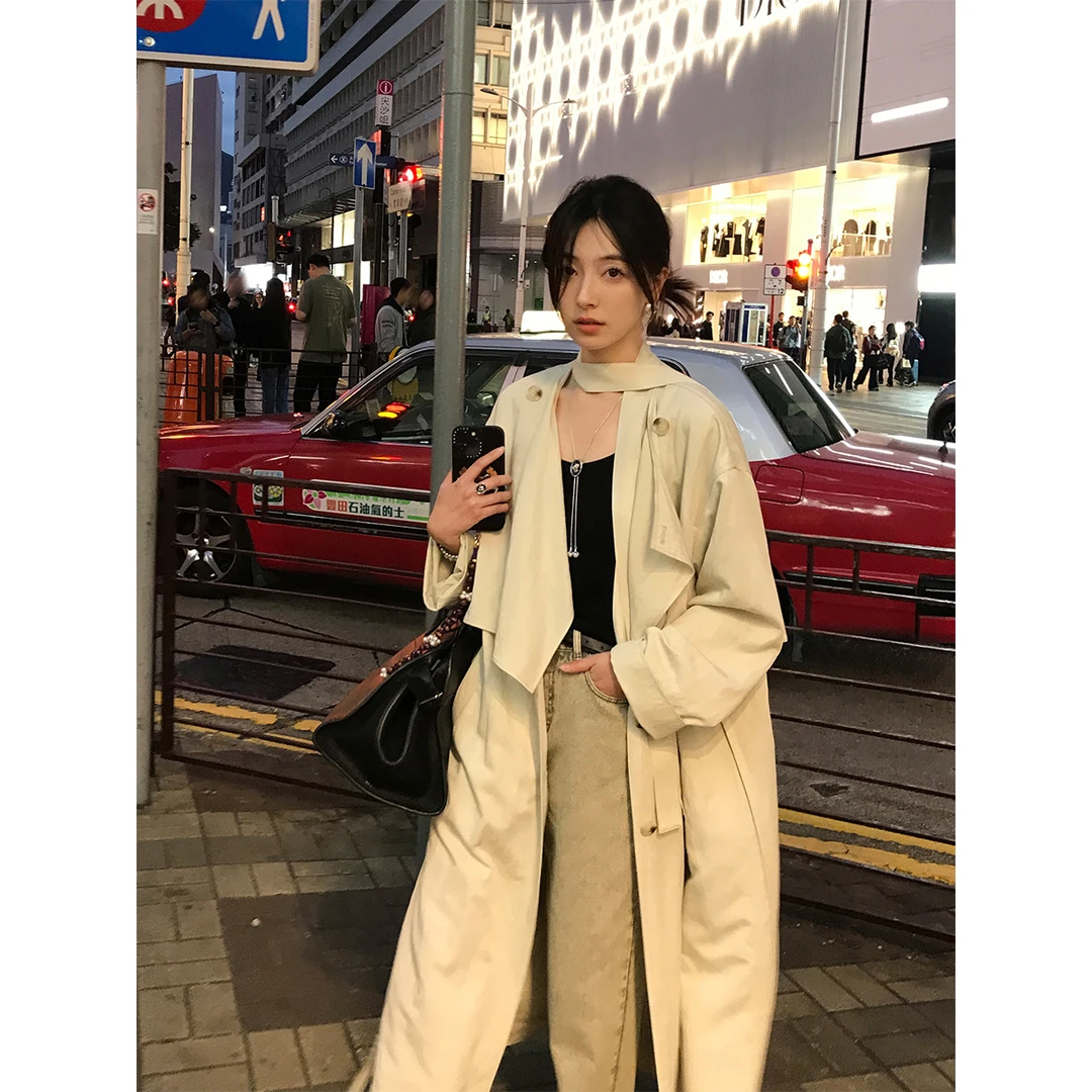 夏诗文 廓形飘带长款风衣女春设计感复古大翻领外套