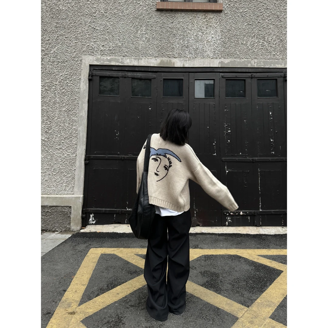 韩国 油画和平鸽羊毛混纺纽扣针织圆领秋冬百搭慵懒开衫毛衣外套