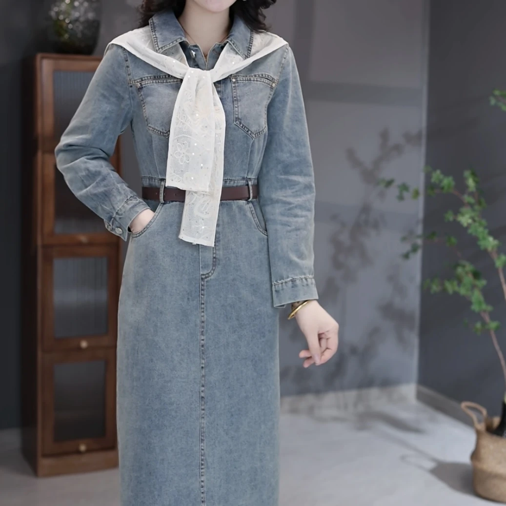 2025新款春秋气质优雅浅蓝色腰带收腰蕾丝披肩修身牛仔连衣裙