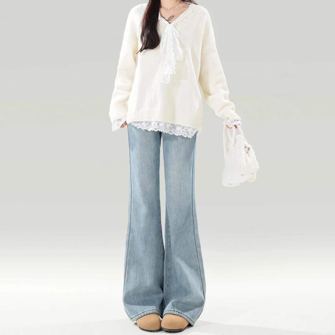 浅蓝色高腰微喇牛仔裤女2025春夏新款宽松显瘦不贴腿马蹄喇叭裤子