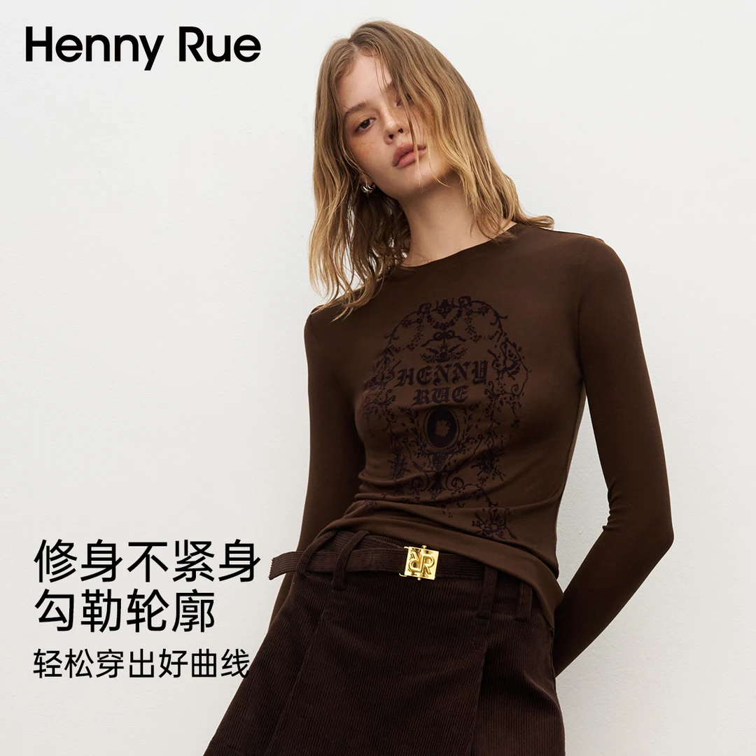 HennyRue时尚圆领简约植绒印花天丝打底衫25560