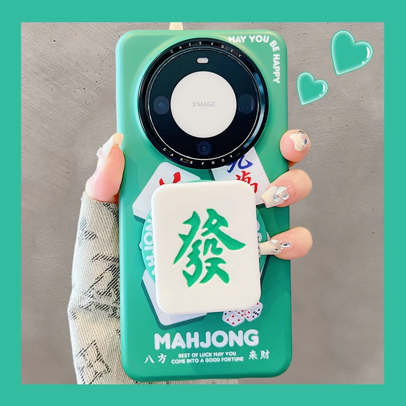 适用华为mate70pro+手机壳创意ins个性绿底麻将喜鹊發字磁吸支架