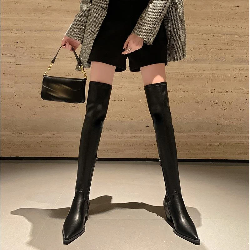 长靴女2025年新款尖头过膝长靴粗跟百搭瘦腿弹力靴中跟大码高筒靴