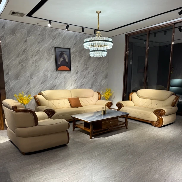 新中式皮头层牛皮别墅大厅皮艺办公乌金木2025新中式沙发最新款