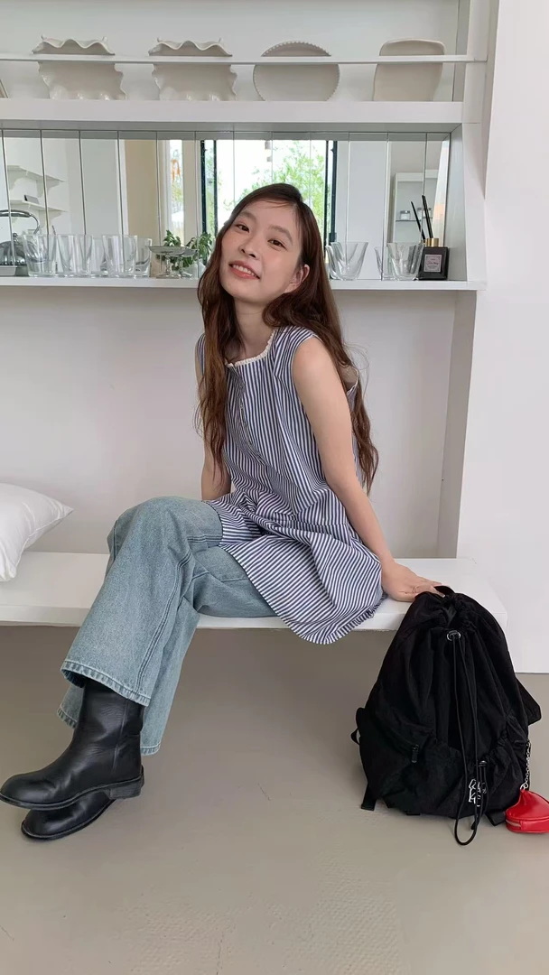 anna@653325 韩系条纹花边方领洋气背心连衣裙 6-6