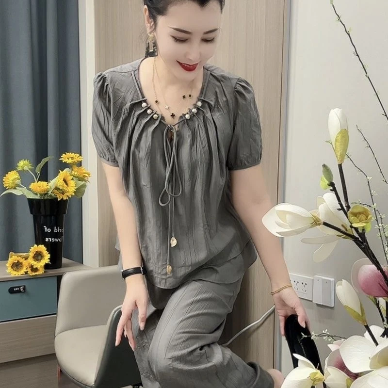 套装休闲风中国风收腰气质短袖上衣时尚套装休闲时尚