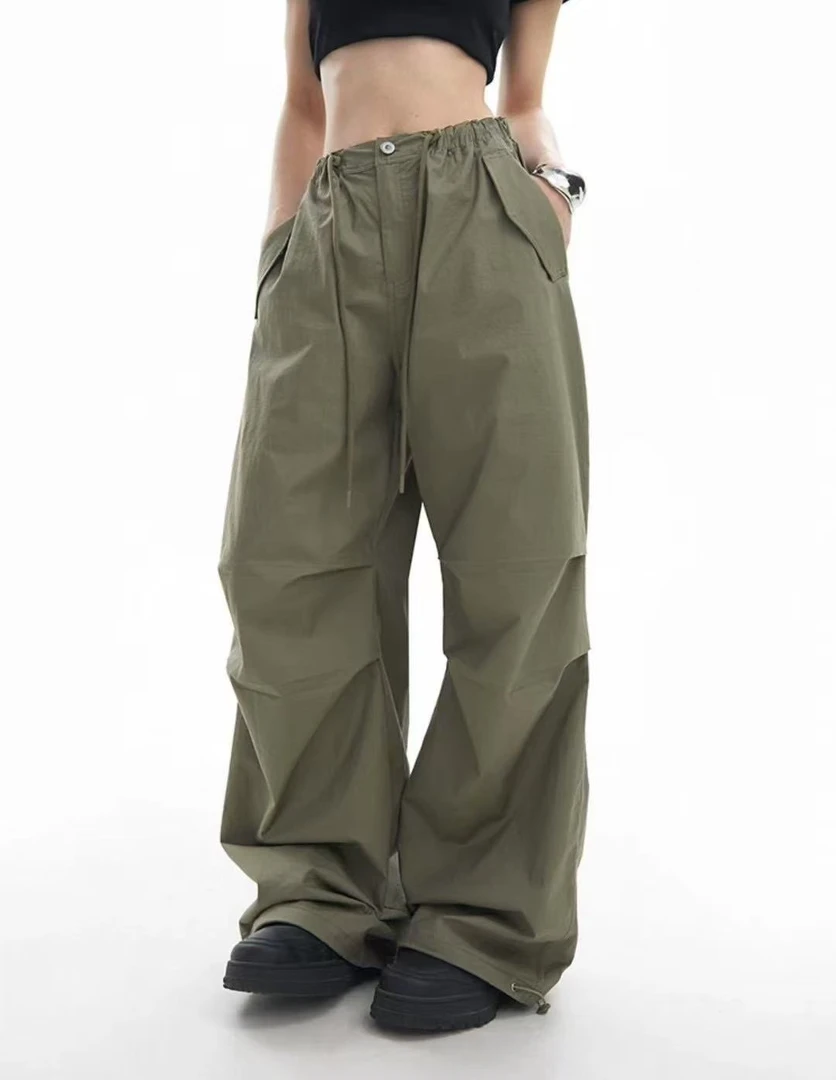 美式复古降落伞裤冲锋纸袋裤阔腿抽绳工装裤甜酷辣妹休闲炸街长裤