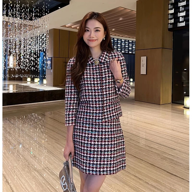 【琳媚】“外套”减龄彩色格纹粗花呢外套