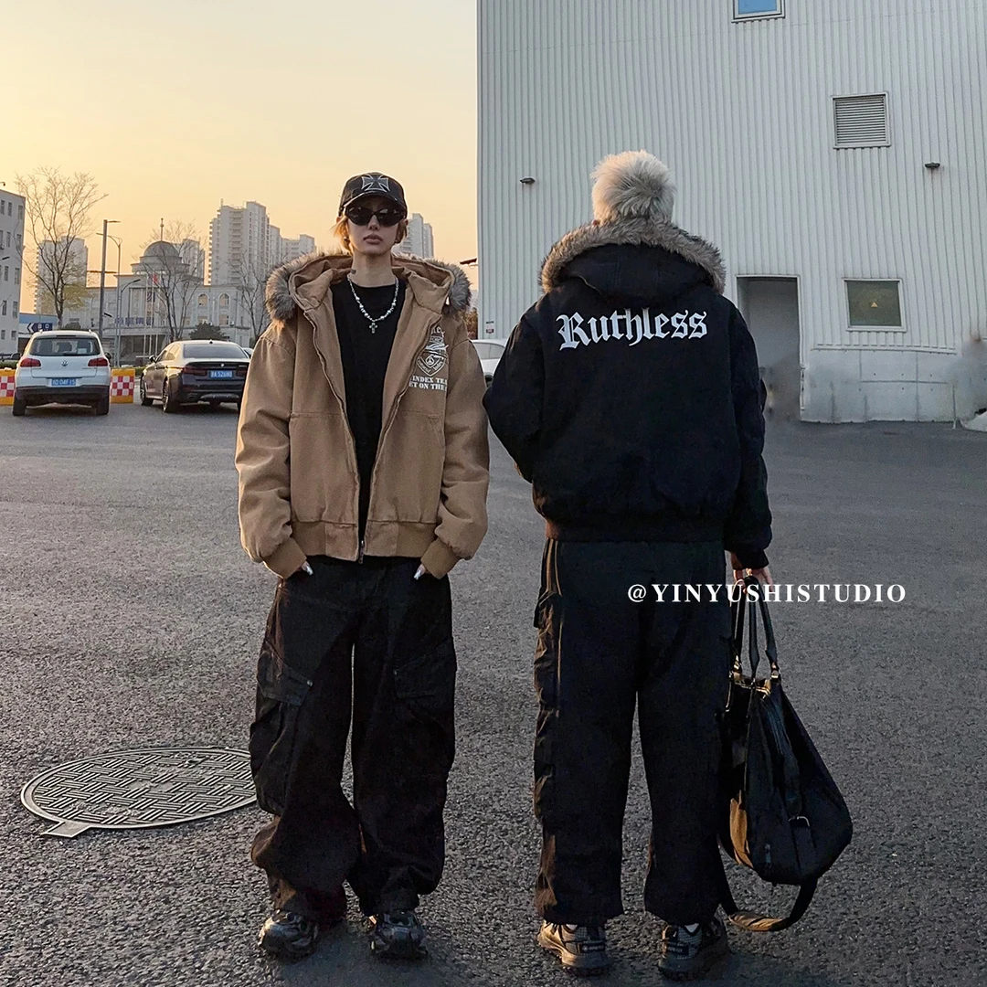 美式复古毛领连帽棉衣水洗做旧复古毛领底特律夹克短款棉服外套