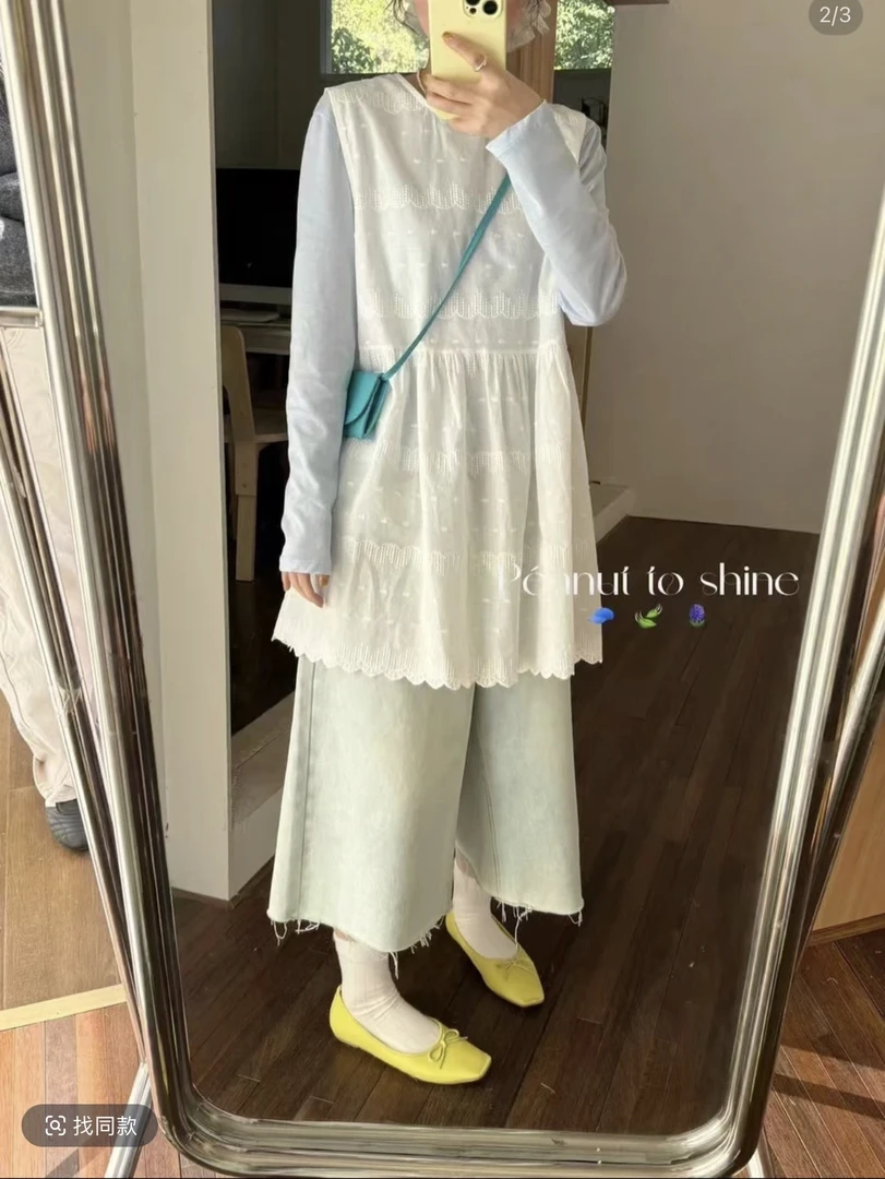 【蓝色派对】真两件套韩版拼接花边内搭叠穿马甲正反两穿加打底衫