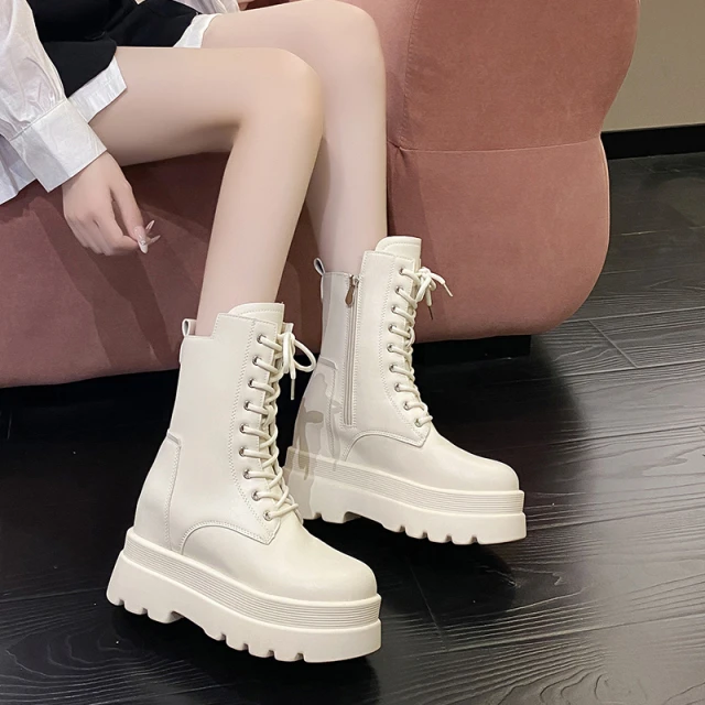 短靴女小个子9公分内增高轻便厚底瘦瘦靴2025春季新款系带马丁靴