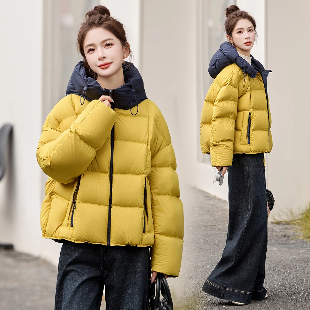 休闲时尚立领连帽羽绒服女2025冬季新款加厚保暖白鸭绒面包服外套