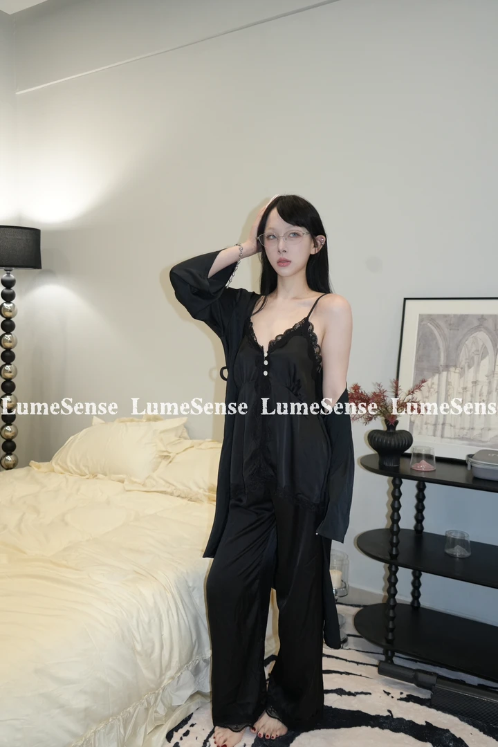 【暗夜缪斯】长袖秋冬长裤睡衣家居服四件套装性感黑色蕾丝时尚战袍