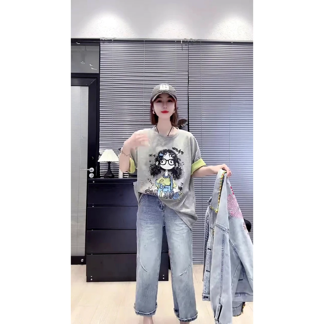 欧洲站春季休闲百搭拼色款卡通女孩短袖T恤女