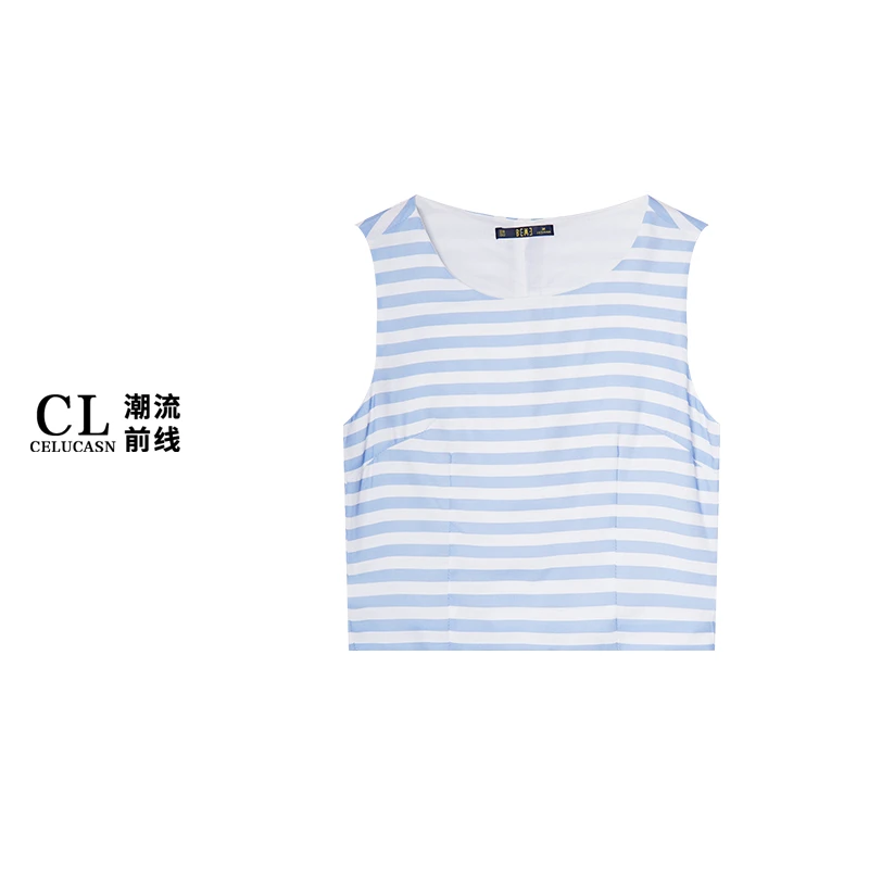 B6KP3648A#夏季蓝白条纹吊带t恤潮流时尚休闲上衣