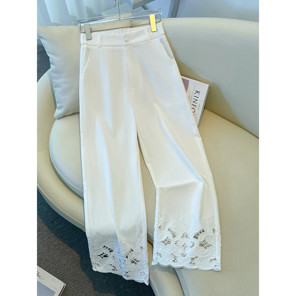 粉色蕾丝冰丝直筒裤女夏季薄款2025今年流行爆款凉凉裤九分裤