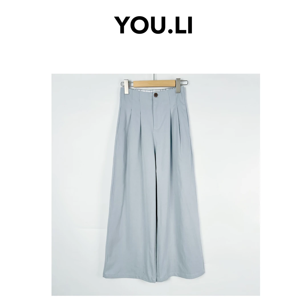 棉质直筒显高显腿长半松紧高腰阔腿裤