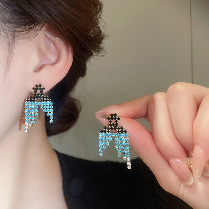 铜合金铅玻璃耳饰 拼色流苏独特绝美耳环耳钉轻奢高级感气质耳饰