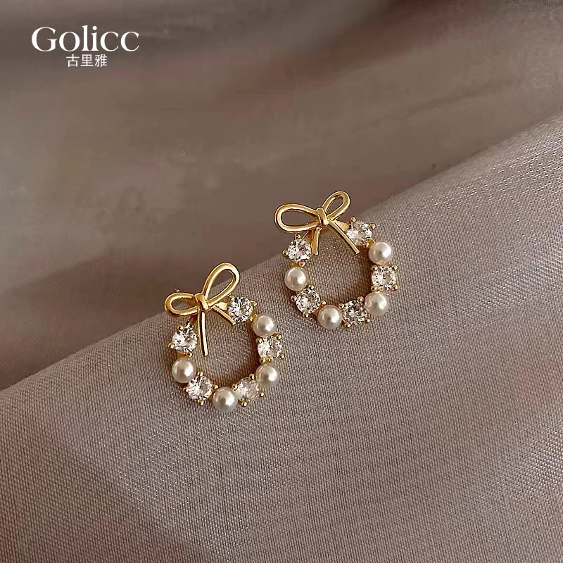 非金属仿珍珠耳饰 蝴蝶结珍珠花环耳钉气质时尚简约小巧设计感