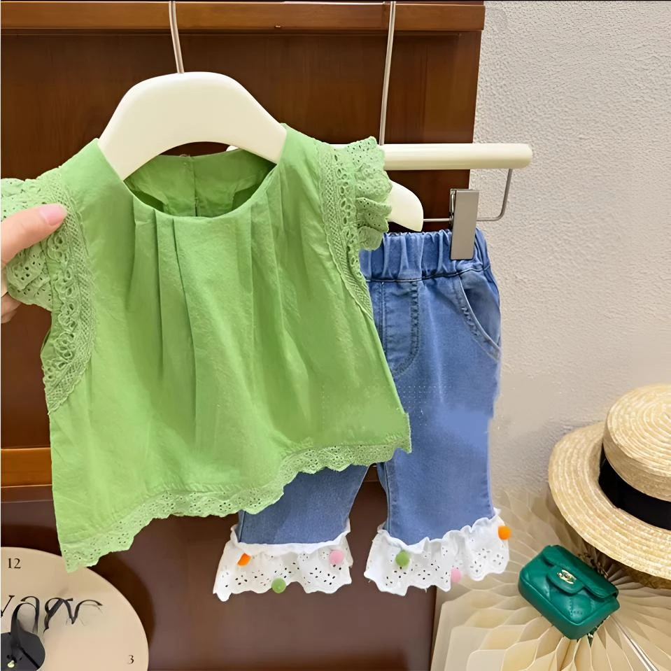 【绿色牛仔彩球套装】夏款蕾丝女童套装夏装