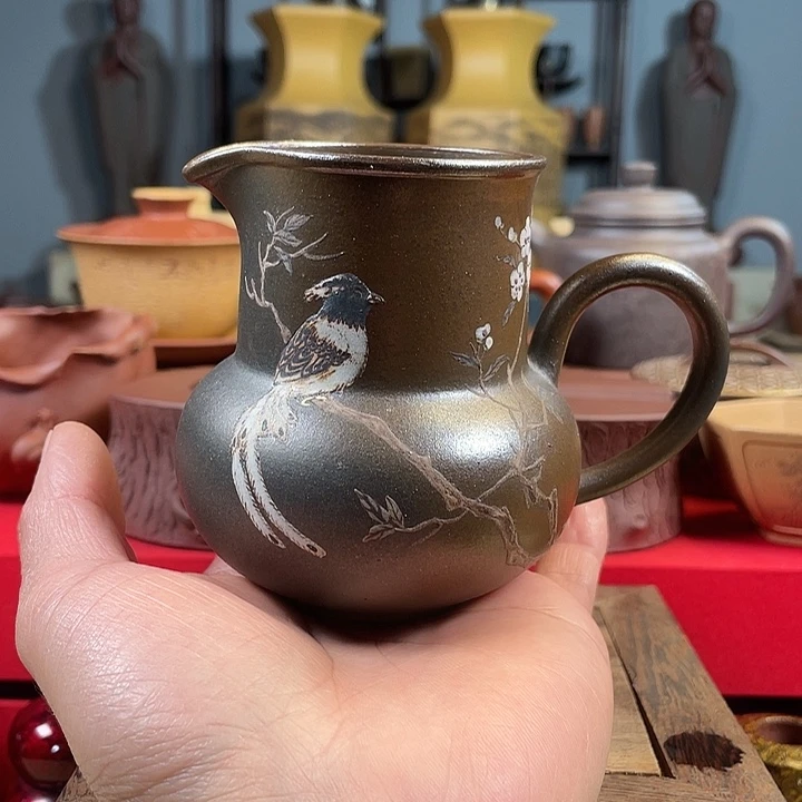 紫砂茶杯紫砂柴烧手绘公道