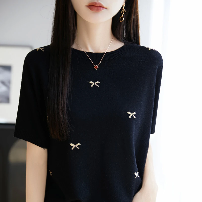 精纺超细羊毛+桑蚕丝 夏季短袖 上衣女 清爽透气 针织刺绣T恤